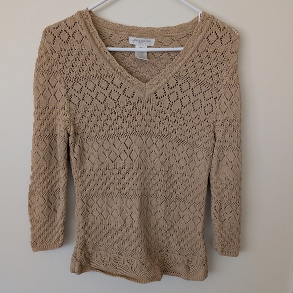Vintage Sweaters - Vintage Jones New York Womens Petite Small Beige Sweater Crochet Cottage Boho